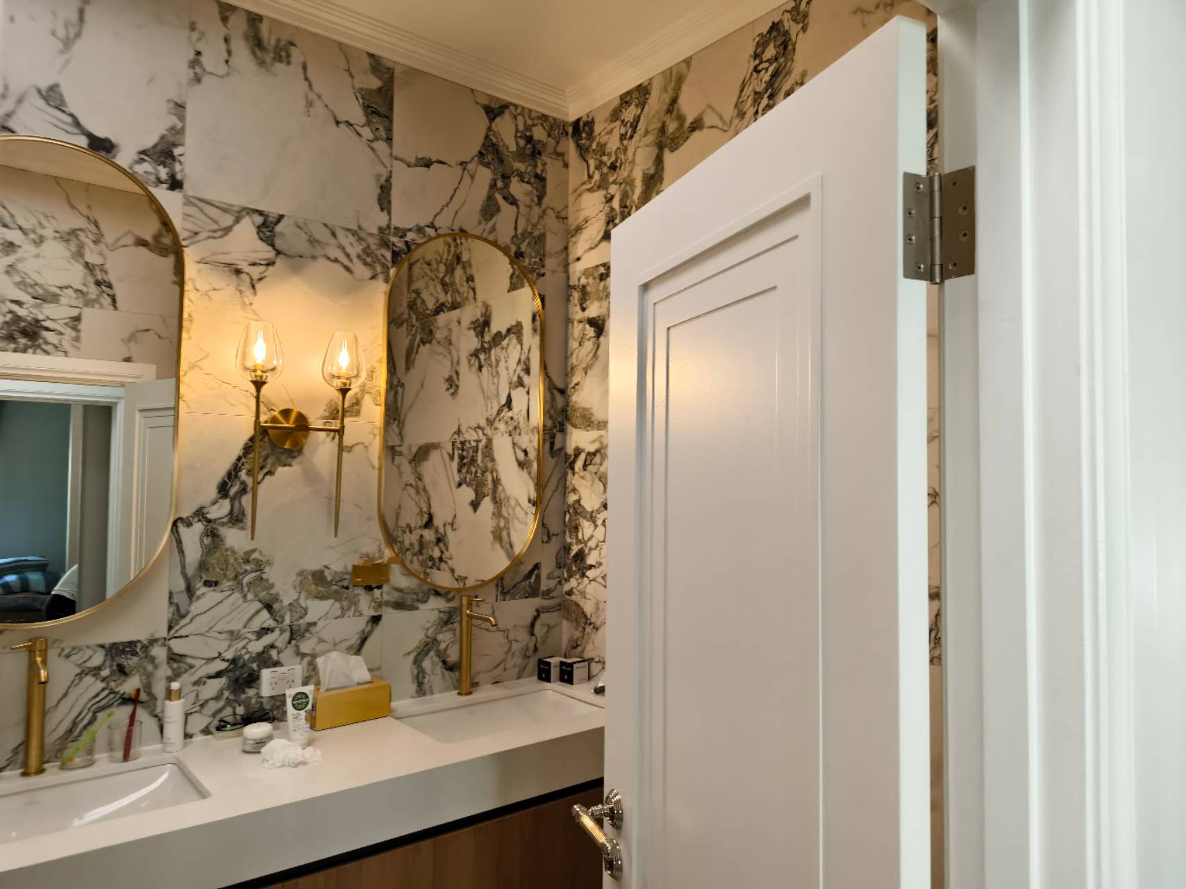 Bathroom interior with finished door, trim and hardware
